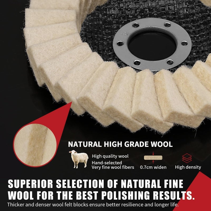 NuoDunco Metal Polish Wool Flap Disc 4 1/2 Inch Angle Grinder Attachment for Stainless Steel Aluminum Polishing Metal Surface Chrome Finish for Cars, Trucks, SUVs, RVs, Motorcycles - 5 Pack - Image 5
